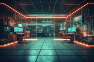 3D rendering of a Cyberpunk office interior with neon lights, Interior of a modern computer room. 3D rendering photo