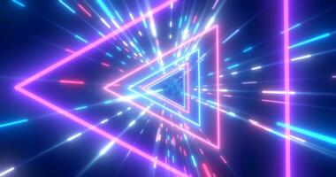 Abstract purple energy futuristic hi-tech tunnel of flying triangles and lines neon magic glowing background photo