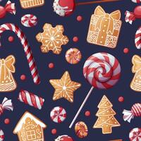 Seamless pattern with lollipops, candies and gingerbread cookies. Suitable for fabric, wrapping paper, wallpaper, background, textile, etc. vector