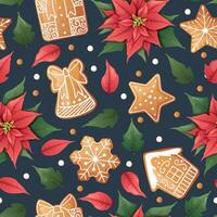 Seamless pattern with poinsettia and gingerbread cookies. Suitable for fabric, wrapping paper, wallpaper, background, textile, etc. vector