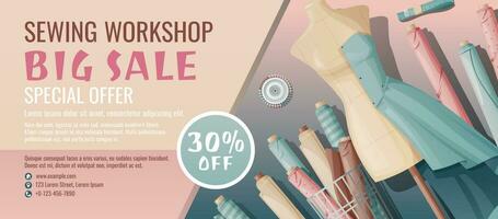 Banner template for sewing workshop. Discount coupon with sewing items. Mannequin and fabric. Poster for sewing courses, schools, shops, ateliers. Discounts on products. vector