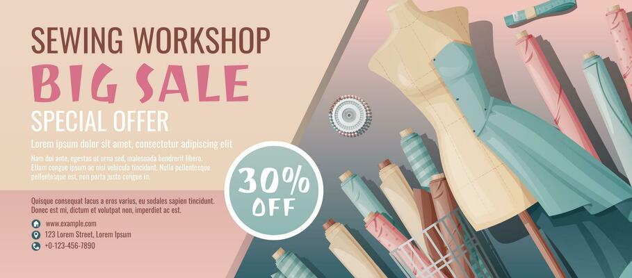 Banner template for sewing workshop. Discount coupon with sewing items. Mannequin and fabric. Poster for sewing courses, schools, shops, ateliers. Discounts on products.