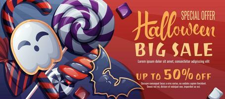 discount banner templates with sweets and ghost cookies. Halloween sale, discount voucher. Trick or treat. Design of banner, poster, flyer, advertisement. vector