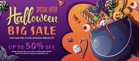 Discount banner design with sweets and cookies in the witch s cauldron. Halloween sale, discount voucher. Template for banner, poster, flyer, advertisement. vector