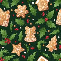 Seamless pattern with holly, berries and gingerbread cookies. Suitable for fabric, wrapping paper, wallpaper, background, textile, etc. vector