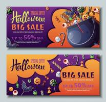 Set of Discount banner design with sweets and cookies in the witch s cauldron. Halloween sale, discount voucher. Template for banner, poster, flyer, advertisement. vector