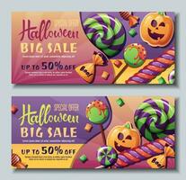 Set of discount banner templates with sweets and pumpkin cookies. Halloween sale, discount voucher. Trick or treat. Design of banner, poster, flyer, advertisement vector