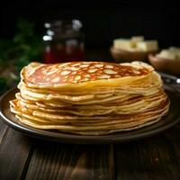 Delicious thin pancakes presented in a close up on wooden backdrop For Social Media Post Size AI Generated photo