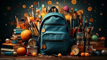 School backpack for textbooks pens pencils books and other educational supplies for learning, back to school concept photo