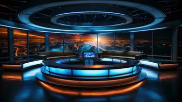 Modern television studio for world breaking news with equipment for leading reporters and announcers photo