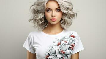 hermosa joven mujer en un gris antecedentes en un blanco camiseta foto