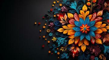 simétrico resumen floral diseño en vibrante colores en un negro antecedentes con 3d efecto foto