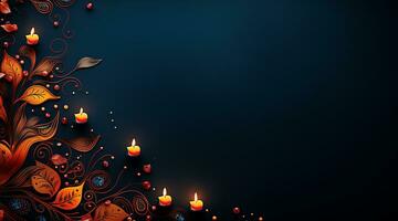 Dark Blue Diwali Background with Orange Floral Design and Candles photo