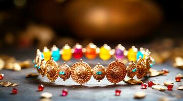 Colorful Beaded Gold Bracelet on Dark Background with Gems photo