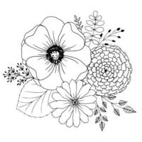 composición de jardín flores y brotes con hojas, monocromo vector ilustración