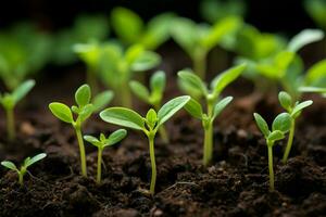 prometedor verde dispara, nutrido dentro un ordenado plantando bandeja ai generado foto