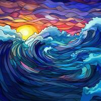 Waves and sunset in stained glass style photo