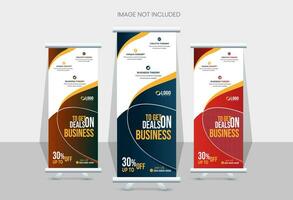 Roll up banner design template, with 3 designs, 3 colors. editable roll-up banner vector template. Corporate business advertising marketing.