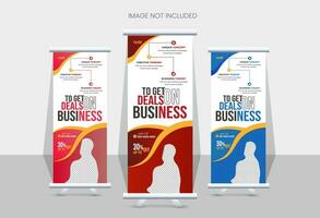 Roll up banner design template, with 3 designs, 3 colors. editable roll-up banner vector template. Corporate business advertising marketing.