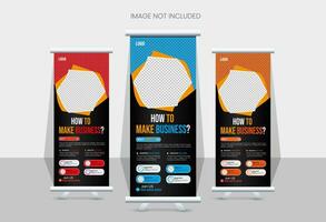 Roll up banner design template, with 3 designs, 3 colors. editable roll-up banner vector template. Corporate business advertising marketing.