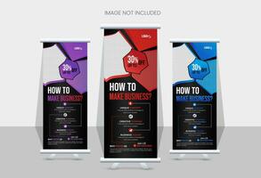 Roll up banner design template, with 3 designs, 3 colors. editable roll-up banner vector template. Corporate business advertising marketing.