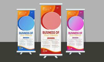 Roll up banner design template, with 3 designs, 3 colors. editable roll-up banner vector template. Corporate business advertising marketing.