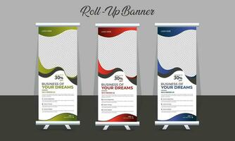 Roll up banner design template, with 3 designs, 3 colors. editable roll-up banner vector template. Corporate business advertising marketing.