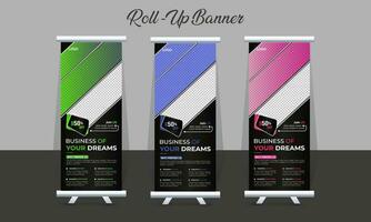 Creative Corporate Roll-Up Banner design or pull-up banner template vector, abstract background, modern x-banner, rectangle size for Advertising and Multipurpose Use with three Color Variations. vector