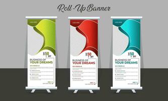 Roll up banner design template, with 3 designs, 3 colors. editable roll-up banner vector template. Corporate business advertising marketing.