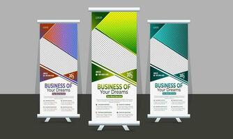 Creative Corporate Roll-Up Banner design or pull-up banner template vector, abstract background, modern x-banner, rectangle size for Advertising and Multipurpose Use with three Color Variations. vector