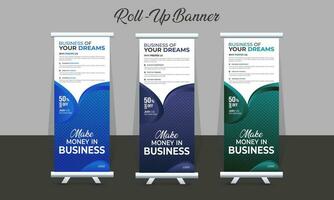 Creative Corporate Roll-Up Banner design or pull-up banner template vector, abstract background, modern x-banner, rectangle size for Advertising and Multipurpose Use with three Color Variations. vector