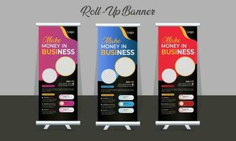 Creative Corporate Roll-Up Banner design or pull-up banner template vector, abstract background, modern x-banner, rectangle size for Advertising and Multipurpose Use with three Color Variations. vector