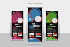 Roll up banner design template, with 3 designs, 3 colors. editable roll-up banner vector template. Corporate business advertising marketing.