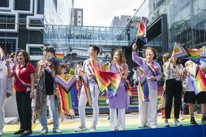 Bangkok, Thailand - JUN 4, 2023 Siam Center The World of Freedom and Pride 2023, The short action and atmosphere of people joins celebrations in the event. photo