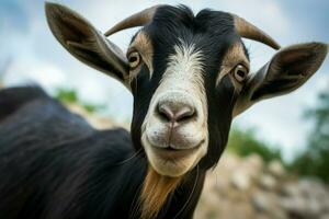 Inquisitive goat locks eyes with the camera, a captivating connection AI Generated photo