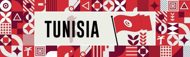 TUNISIA national day banner with map, flag colors theme background and geometric abstract retro modern colorfull design with raised hands or fists. vector