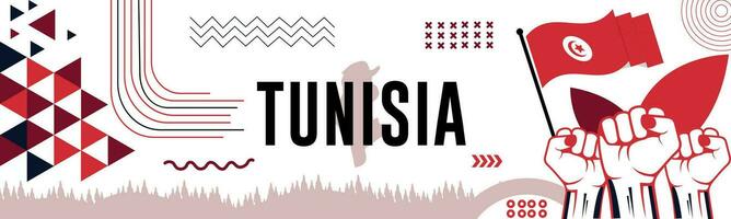 TUNISIA national day banner with map, flag colors theme background and geometric abstract retro modern colorfull design with raised hands or fists. vector