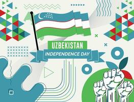 Uzbekistan national day banner with map, flag colors theme background and geometric abstract retro modern colorfull design with raised hands or fists. vector