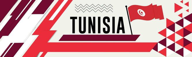 TUNISIA national day banner with map, flag colors theme background and geometric abstract retro modern colorfull design with raised hands or fists. vector