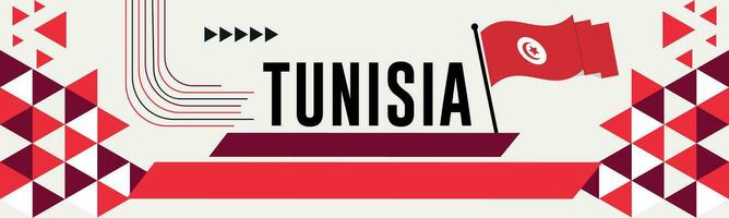 TUNISIA national day banner with map, flag colors theme background and geometric abstract retro modern colorfull design with raised hands or fists. vector