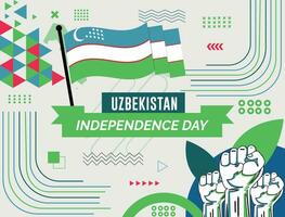 Uzbekistan national day banner with map, flag colors theme background and geometric abstract retro modern colorfull design with raised hands or fists. vector