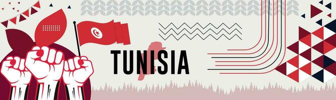 TUNISIA national day banner with map, flag colors theme background and geometric abstract retro modern colorfull design with raised hands or fists. vector