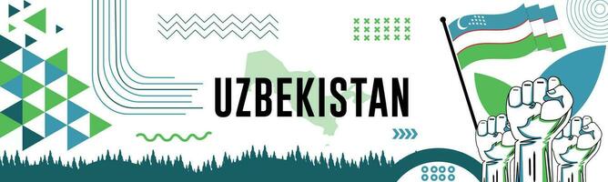 Uzbekistan national day banner with map, flag colors theme background and geometric abstract retro modern colorfull design with raised hands or fists. vector