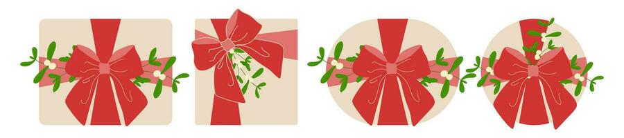 Set of vector Hands Holding Christmas gifts. Collection of Wrapped Holiday boxes with Red ribbon bow and Mistletoe branches. Flat illustration isolated on white background. Present party concept