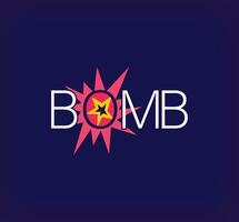 Explosion logo inside creative bomb lettering. Unique color transitions. Zigzag element flash shock wave. vector