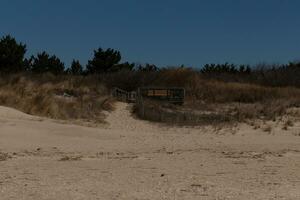 This brown deck comes out from the sand dunes. It has a wooden path to keep people off the protected area. This help people to come to the beach. The pretty colors all around with the sand in front. photo