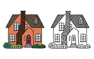 Cozy home, homestead, cottage. Hand drawn vector flat illustration. Set of contour and color drawing isolated on white. Doodles element for design, print, sticker, coloring.