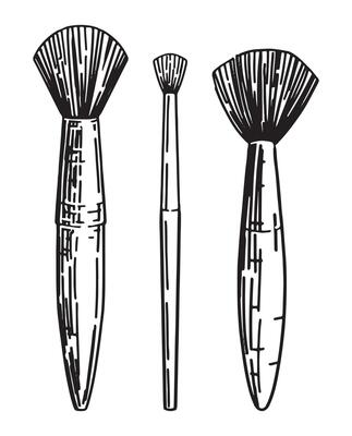 Makeup brushes outline cliparts. Cosmetic accessories sketches. Hand drawn vector illustrations set isolated on white.