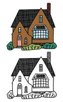 Cozy home, homestead, cottage. Hand drawn vector flat illustration. Set of contour and color drawing isolated on white. Doodles element for design, print, sticker, coloring.