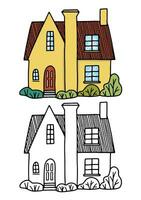 Cozy home, homestead, cottage. Hand drawn vector flat illustration. Set of contour and color drawing isolated on white. Doodles element for design, print, sticker, coloring.